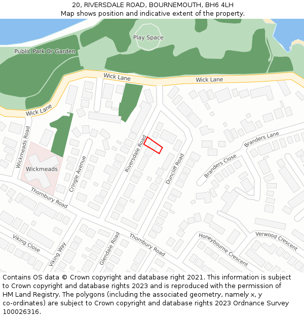 20, RIVERSDALE ROAD, BOURNEMOUTH, BH6 4LH: Location map and indicative extent of plot