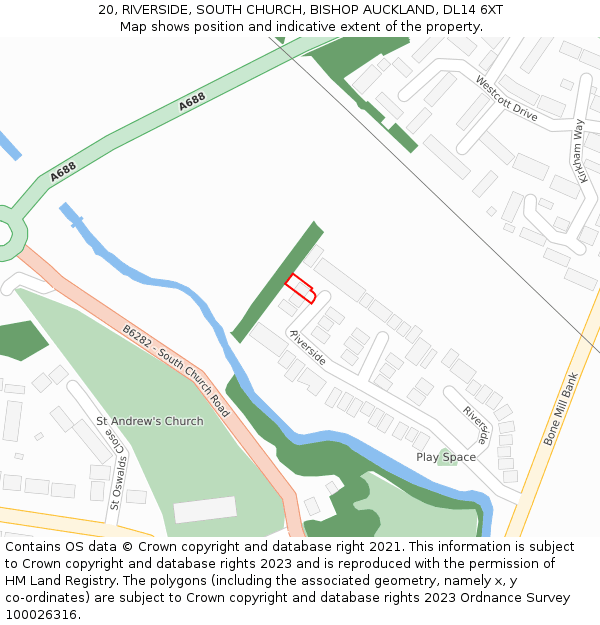 20, RIVERSIDE, SOUTH CHURCH, BISHOP AUCKLAND, DL14 6XT: Location map and indicative extent of plot