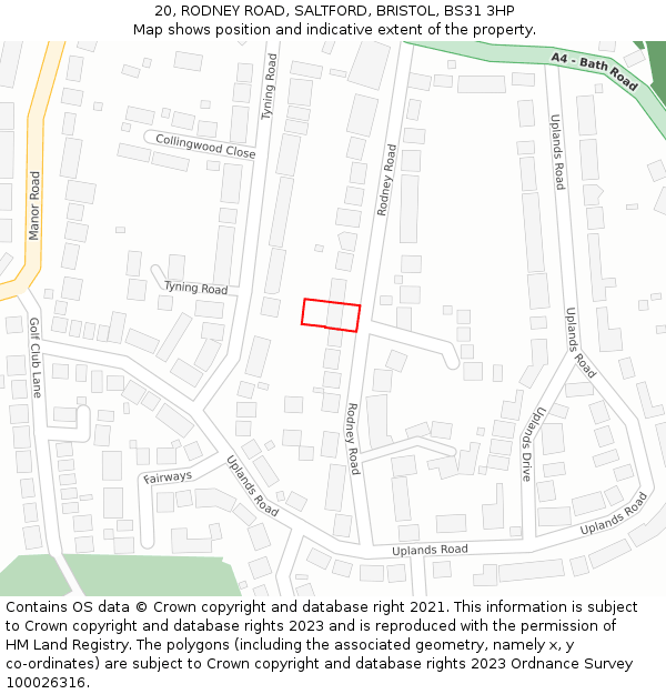 20, RODNEY ROAD, SALTFORD, BRISTOL, BS31 3HP: Location map and indicative extent of plot