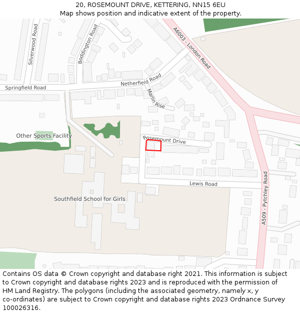 20, ROSEMOUNT DRIVE, KETTERING, NN15 6EU: Location map and indicative extent of plot