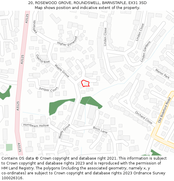 20, ROSEWOOD GROVE, ROUNDSWELL, BARNSTAPLE, EX31 3SD: Location map and indicative extent of plot