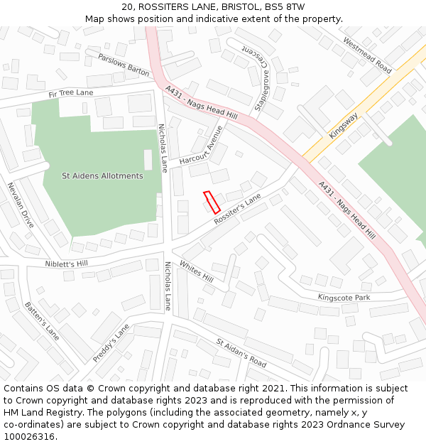 20, ROSSITERS LANE, BRISTOL, BS5 8TW: Location map and indicative extent of plot