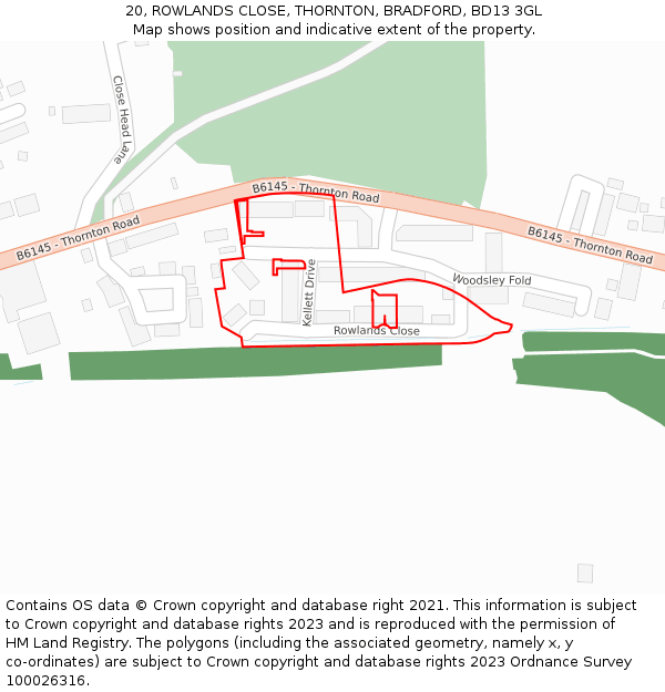 20, ROWLANDS CLOSE, THORNTON, BRADFORD, BD13 3GL: Location map and indicative extent of plot