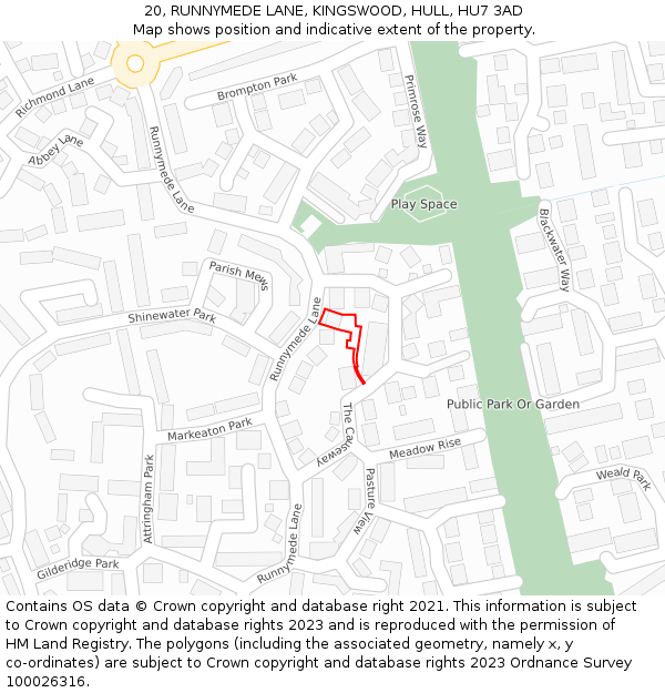 20, RUNNYMEDE LANE, KINGSWOOD, HULL, HU7 3AD: Location map and indicative extent of plot