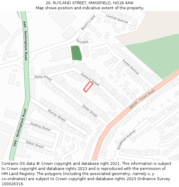 20, RUTLAND STREET, MANSFIELD, NG18 4AW: Location map and indicative extent of plot
