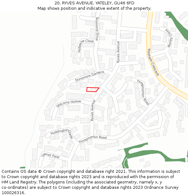 20, RYVES AVENUE, YATELEY, GU46 6FD: Location map and indicative extent of plot