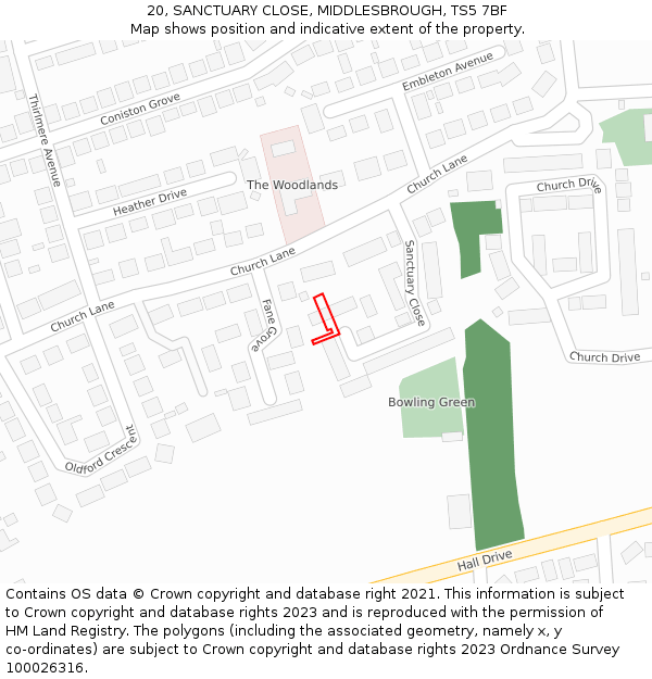 20, SANCTUARY CLOSE, MIDDLESBROUGH, TS5 7BF: Location map and indicative extent of plot