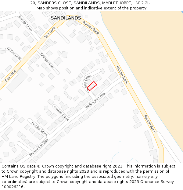 20, SANDERS CLOSE, SANDILANDS, MABLETHORPE, LN12 2UH: Location map and indicative extent of plot