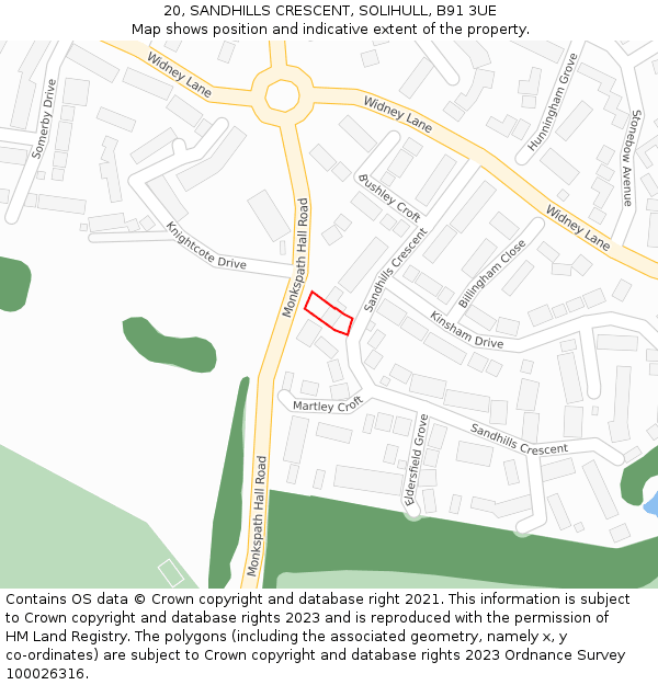 20, SANDHILLS CRESCENT, SOLIHULL, B91 3UE: Location map and indicative extent of plot
