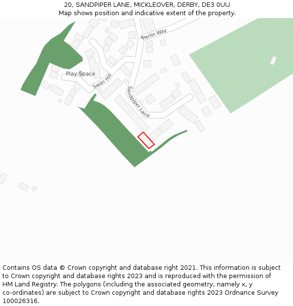 20, SANDPIPER LANE, MICKLEOVER, DERBY, DE3 0UU: Location map and indicative extent of plot