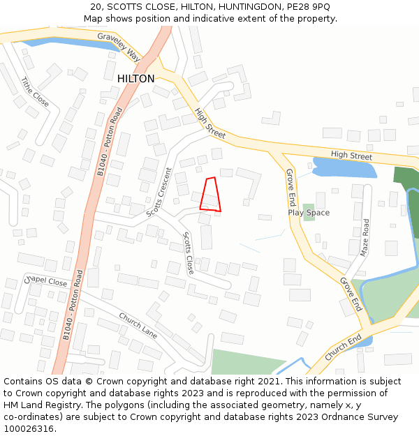 20, SCOTTS CLOSE, HILTON, HUNTINGDON, PE28 9PQ: Location map and indicative extent of plot