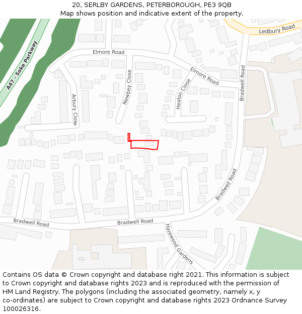 20, SERLBY GARDENS, PETERBOROUGH, PE3 9QB: Location map and indicative extent of plot