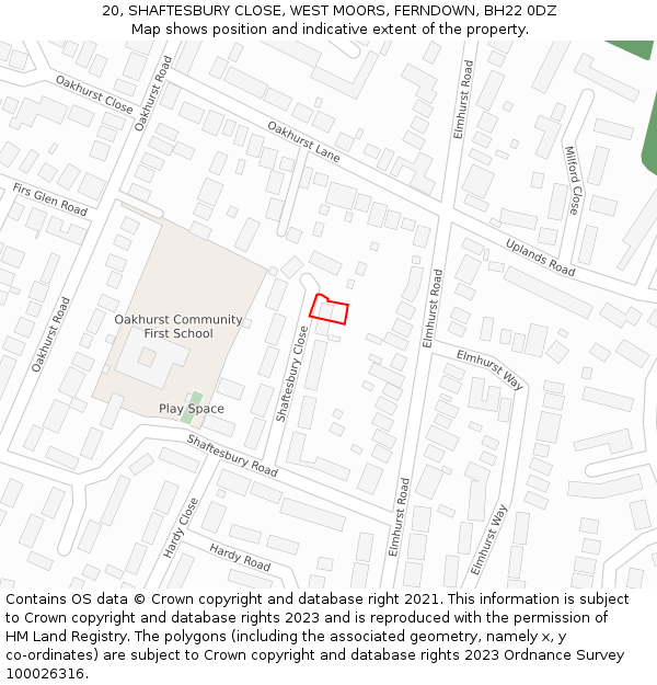 20, SHAFTESBURY CLOSE, WEST MOORS, FERNDOWN, BH22 0DZ: Location map and indicative extent of plot