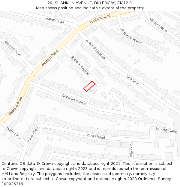 20, SHANKLIN AVENUE, BILLERICAY, CM12 9JJ: Location map and indicative extent of plot