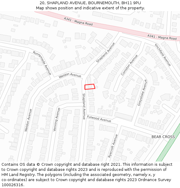 20, SHAPLAND AVENUE, BOURNEMOUTH, BH11 9PU: Location map and indicative extent of plot