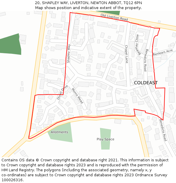 20, SHAPLEY WAY, LIVERTON, NEWTON ABBOT, TQ12 6PN: Location map and indicative extent of plot
