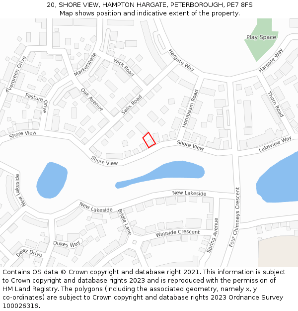 20, SHORE VIEW, HAMPTON HARGATE, PETERBOROUGH, PE7 8FS: Location map and indicative extent of plot