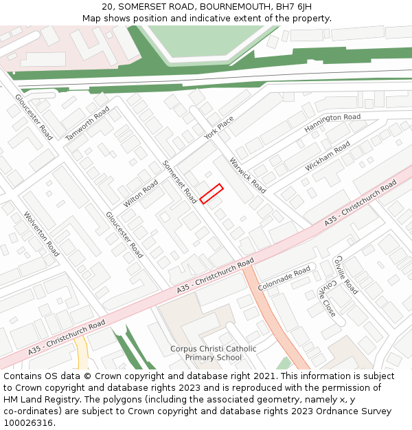 20, SOMERSET ROAD, BOURNEMOUTH, BH7 6JH: Location map and indicative extent of plot