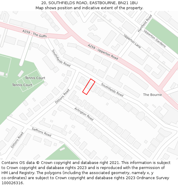 20, SOUTHFIELDS ROAD, EASTBOURNE, BN21 1BU: Location map and indicative extent of plot