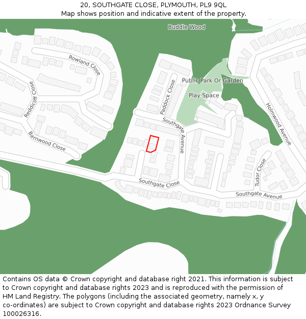 20, SOUTHGATE CLOSE, PLYMOUTH, PL9 9QL: Location map and indicative extent of plot
