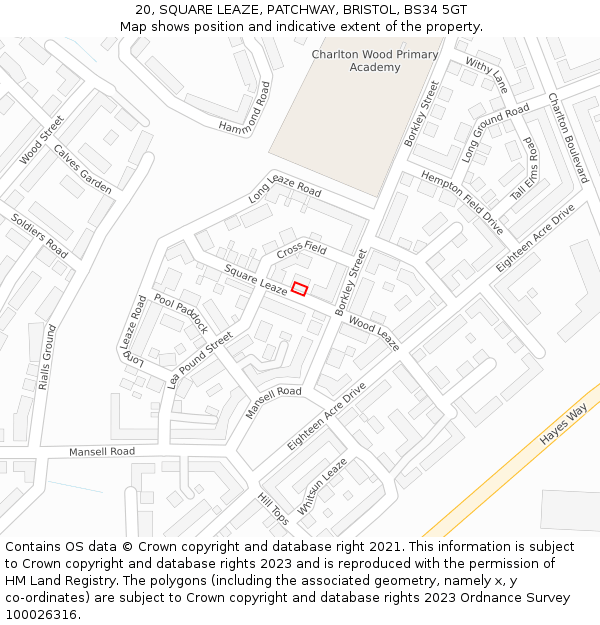 20, SQUARE LEAZE, PATCHWAY, BRISTOL, BS34 5GT: Location map and indicative extent of plot