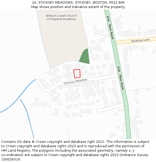 20, STICKNEY MEADOWS, STICKNEY, BOSTON, PE22 8AF: Location map and indicative extent of plot