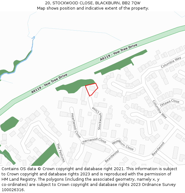 20, STOCKWOOD CLOSE, BLACKBURN, BB2 7QW: Location map and indicative extent of plot