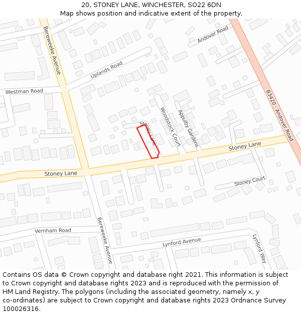 20, STONEY LANE, WINCHESTER, SO22 6DN: Location map and indicative extent of plot