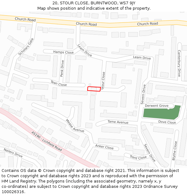20, STOUR CLOSE, BURNTWOOD, WS7 9JY: Location map and indicative extent of plot