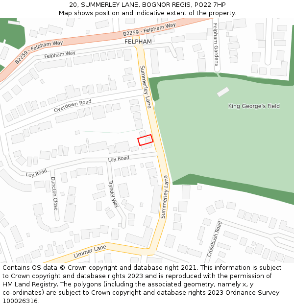20, SUMMERLEY LANE, BOGNOR REGIS, PO22 7HP: Location map and indicative extent of plot