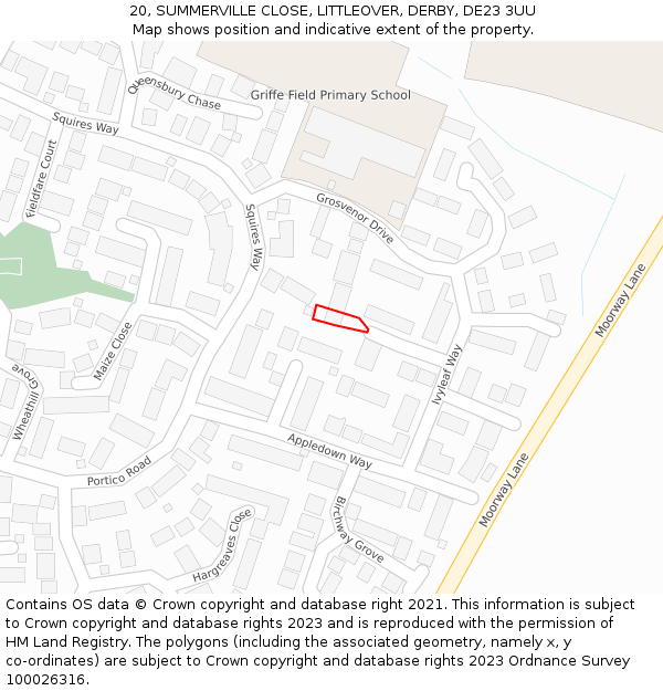 20, SUMMERVILLE CLOSE, LITTLEOVER, DERBY, DE23 3UU: Location map and indicative extent of plot