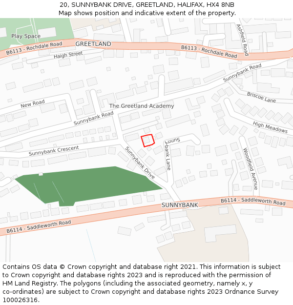 20, SUNNYBANK DRIVE, GREETLAND, HALIFAX, HX4 8NB: Location map and indicative extent of plot