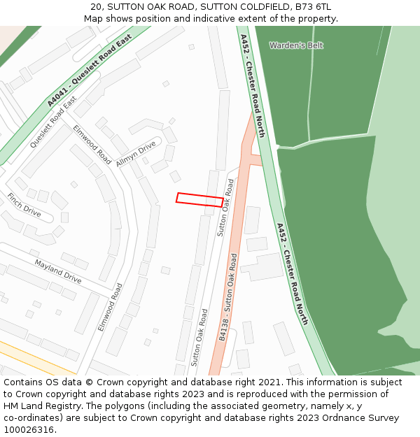 20, SUTTON OAK ROAD, SUTTON COLDFIELD, B73 6TL: Location map and indicative extent of plot