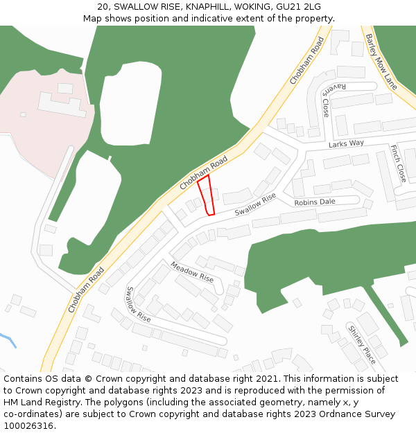 20, SWALLOW RISE, KNAPHILL, WOKING, GU21 2LG: Location map and indicative extent of plot