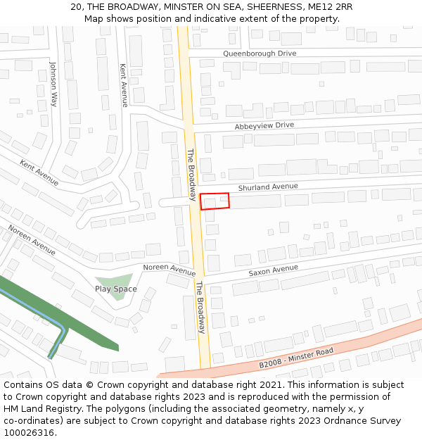 20, THE BROADWAY, MINSTER ON SEA, SHEERNESS, ME12 2RR: Location map and indicative extent of plot