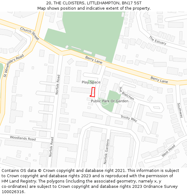 20, THE CLOISTERS, LITTLEHAMPTON, BN17 5ST: Location map and indicative extent of plot