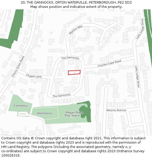 20, THE GANNOCKS, ORTON WATERVILLE, PETERBOROUGH, PE2 5DZ: Location map and indicative extent of plot