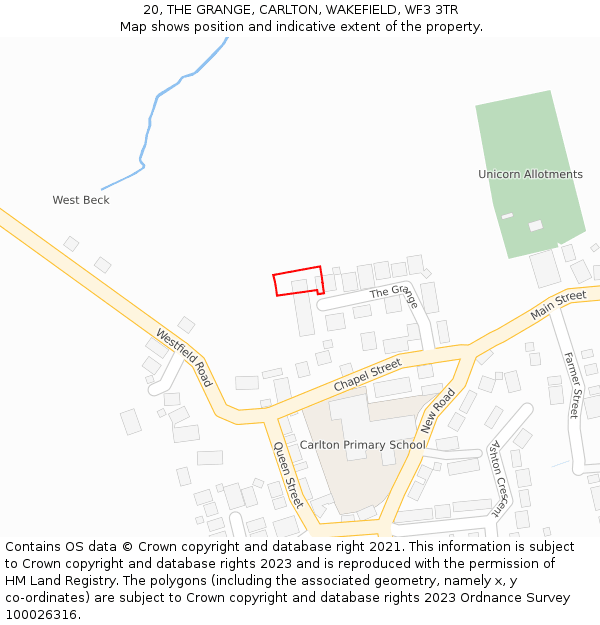 20, THE GRANGE, CARLTON, WAKEFIELD, WF3 3TR: Location map and indicative extent of plot