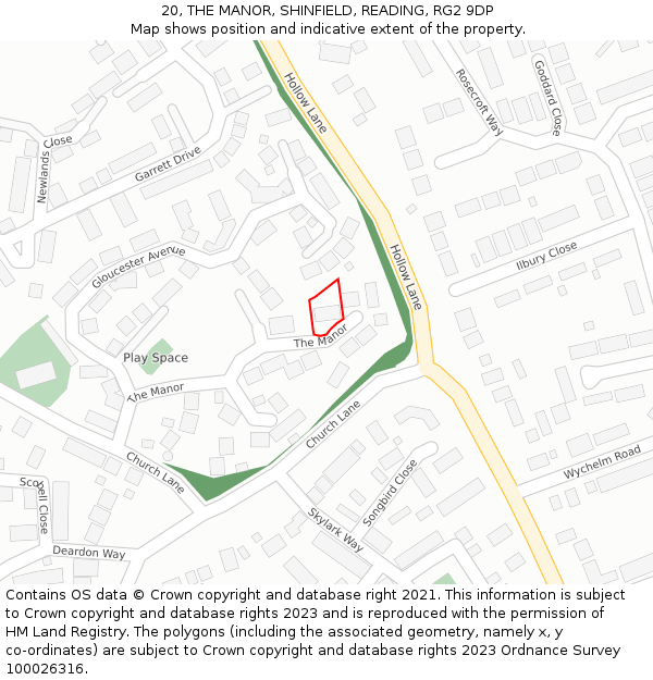 20, THE MANOR, SHINFIELD, READING, RG2 9DP: Location map and indicative extent of plot