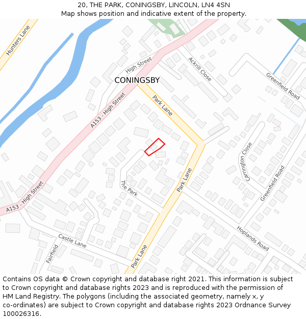 20, THE PARK, CONINGSBY, LINCOLN, LN4 4SN: Location map and indicative extent of plot