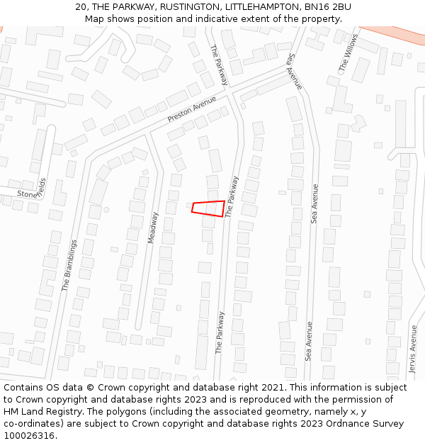 20, THE PARKWAY, RUSTINGTON, LITTLEHAMPTON, BN16 2BU: Location map and indicative extent of plot