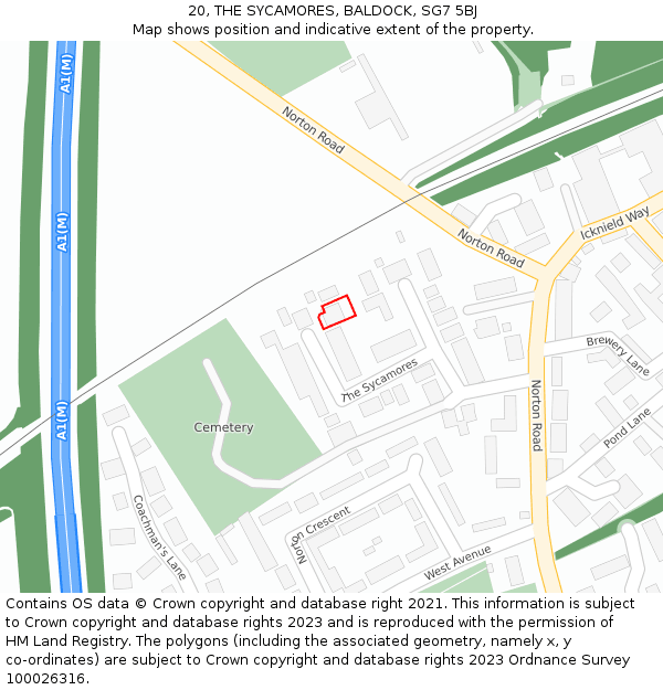 20, THE SYCAMORES, BALDOCK, SG7 5BJ: Location map and indicative extent of plot