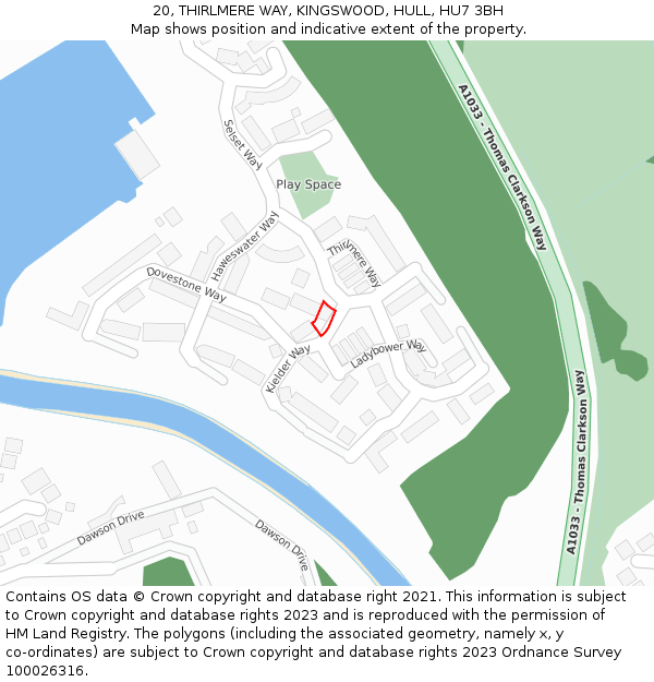 20, THIRLMERE WAY, KINGSWOOD, HULL, HU7 3BH: Location map and indicative extent of plot