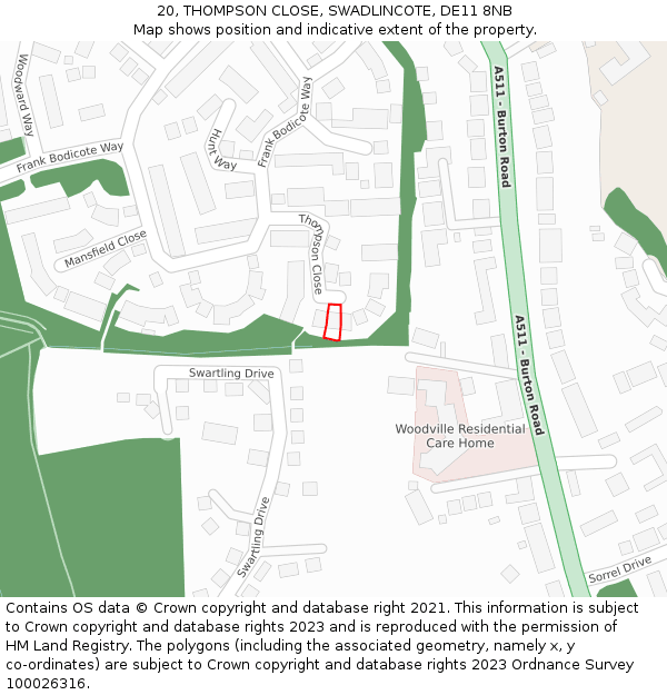 20, THOMPSON CLOSE, SWADLINCOTE, DE11 8NB: Location map and indicative extent of plot