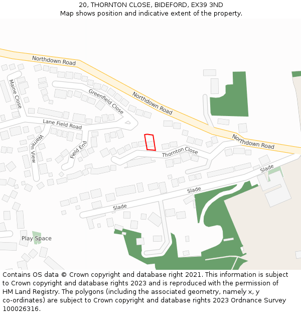 20, THORNTON CLOSE, BIDEFORD, EX39 3ND: Location map and indicative extent of plot