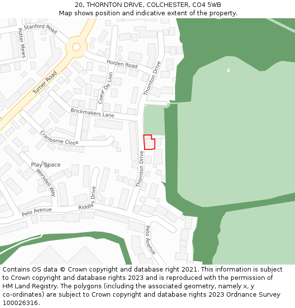 20, THORNTON DRIVE, COLCHESTER, CO4 5WB: Location map and indicative extent of plot