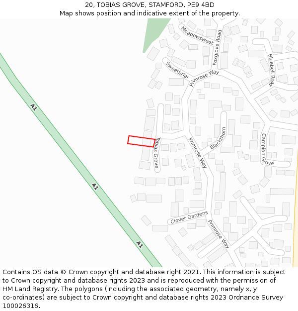 20, TOBIAS GROVE, STAMFORD, PE9 4BD: Location map and indicative extent of plot