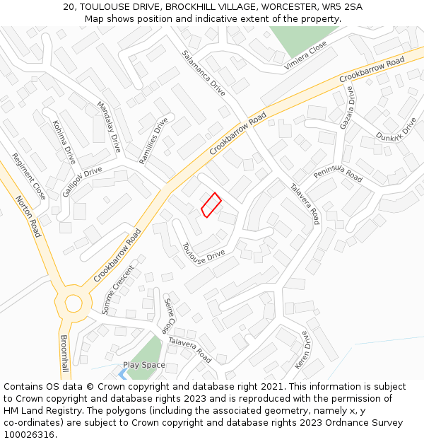 20, TOULOUSE DRIVE, BROCKHILL VILLAGE, WORCESTER, WR5 2SA: Location map and indicative extent of plot