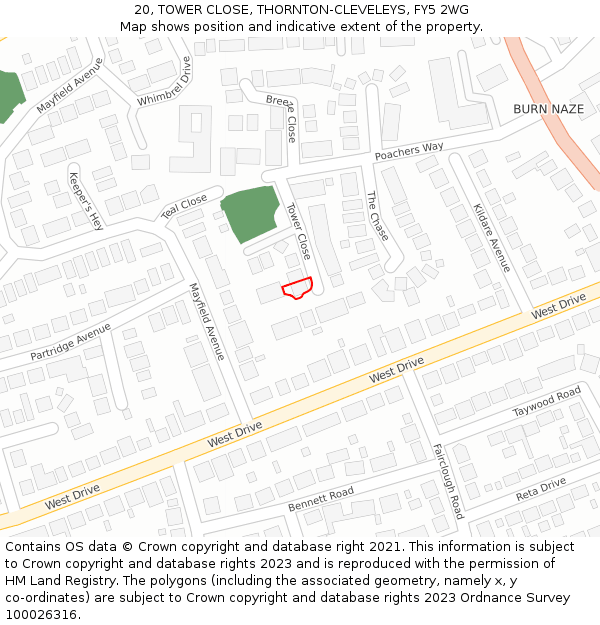 20, TOWER CLOSE, THORNTON-CLEVELEYS, FY5 2WG: Location map and indicative extent of plot