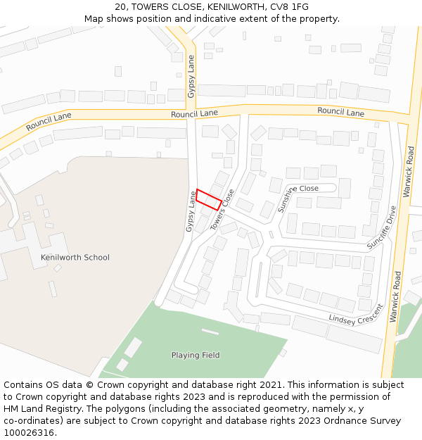 20, TOWERS CLOSE, KENILWORTH, CV8 1FG: Location map and indicative extent of plot